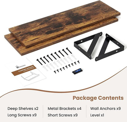 Axeman 24 Inch Floating Shelves | 8 Inch Deep Brown Wall Shelves Set of 2 | 24''W x 8''D Rustic Brown Wood Shelves for Bathroom Kitchen Living Room Bedroom Home Office
