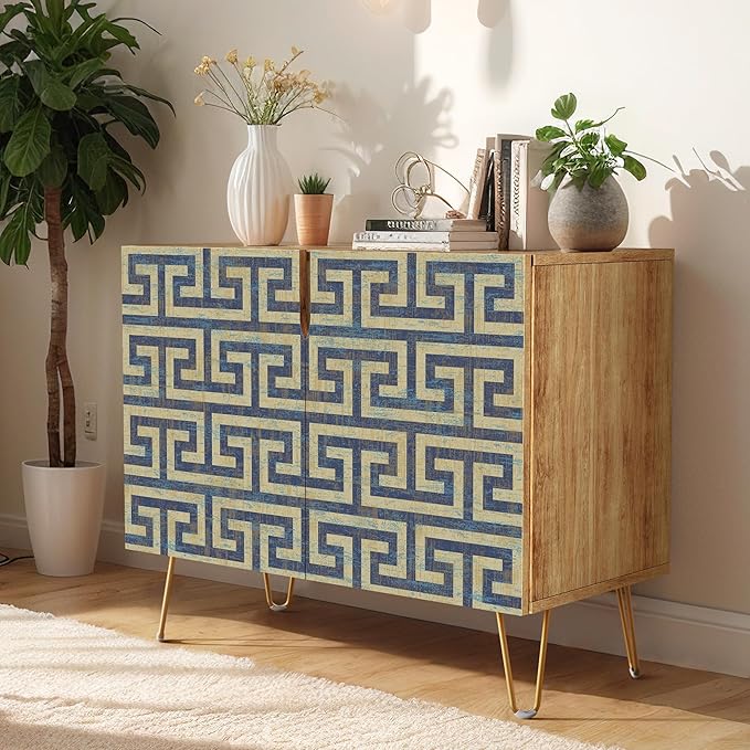 SIGNWIN Sideboard Buffet Cabinet, Kitchen Storage Cabinet with 2 Doors, Geometric Duotone Blue Line Patterns, Cupboard Console Table for Dining Room - 35" L x 18" W x 29" H