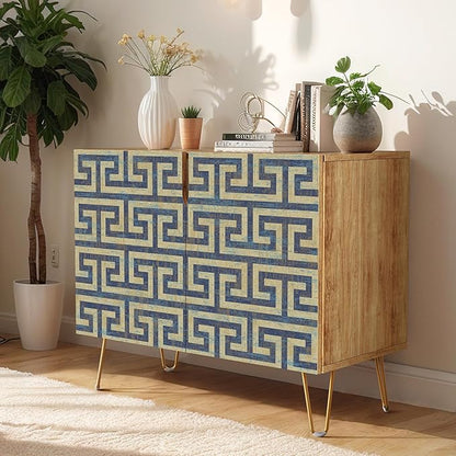 SIGNWIN Sideboard Buffet Cabinet, Kitchen Storage Cabinet with 2 Doors, Geometric Duotone Blue Line Patterns, Cupboard Console Table for Dining Room - 35" L x 18" W x 29" H