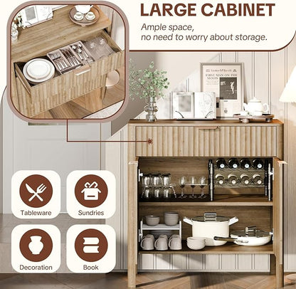 Fluted Buffet Cabinet with Storage - Modern Sideboard Accent Credenza with Doors & Drawer Wood Console Coffee Table Bar Counter for Living Room Kitchen Dining Room Entryway, Easy Assembly 31" Oak
