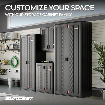 Suncast Heavy-Duty Resin Outdoor Storage Cabinet, 30" W x 20.25" D x 36" H Dark Grey Base Garage Storage Cabinet with Lockable Doors and Metal Reinforced Shelves, Made in The USA