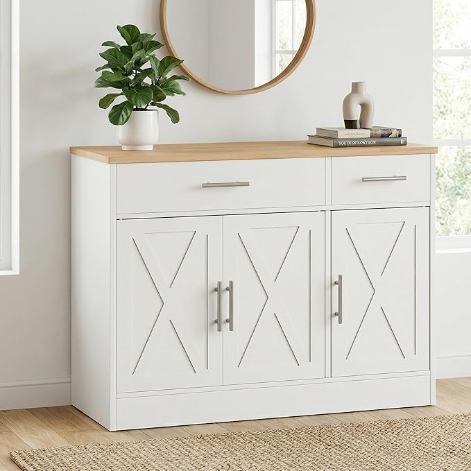 SUNLEI Sideboard Buffet Cabinet with Storage, Kitchen Storage Cabinet with 3 Doors and 2 Drawers, Farmhouse Coffee Bar with Adjustable Shelf for Living Room, White&Yellow