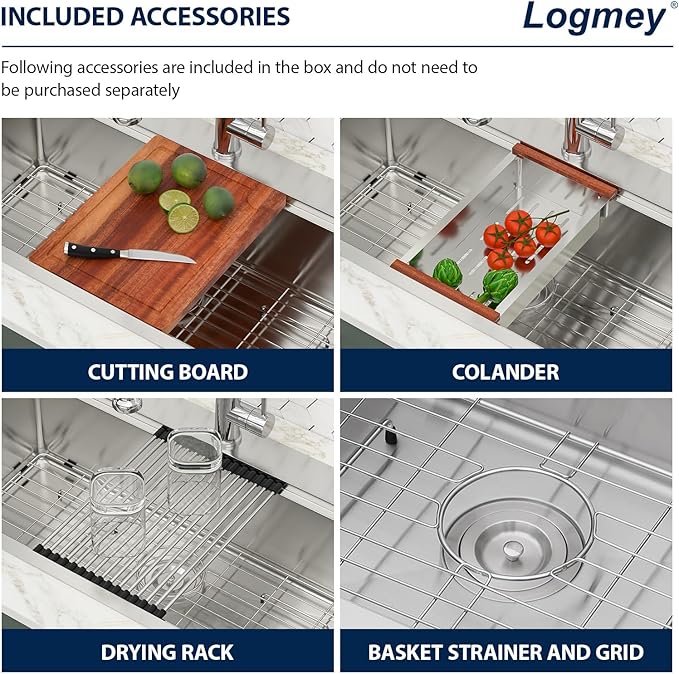 Logmey 33x19 Drop In Kitchen Sink 33 Inch Stainless Steel Workstation Sinks SUS304 16 Gauge Topmount Ledge Single Bowl Overmount Kitchen Sinks 33x19x9