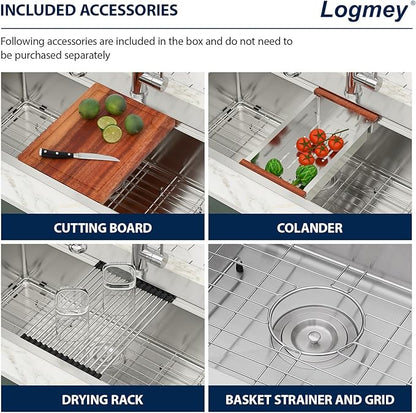 Logmey 33x19 Drop In Kitchen Sink 33 Inch Stainless Steel Workstation Sinks SUS304 16 Gauge Topmount Ledge Single Bowl Overmount Kitchen Sinks 33x19x9