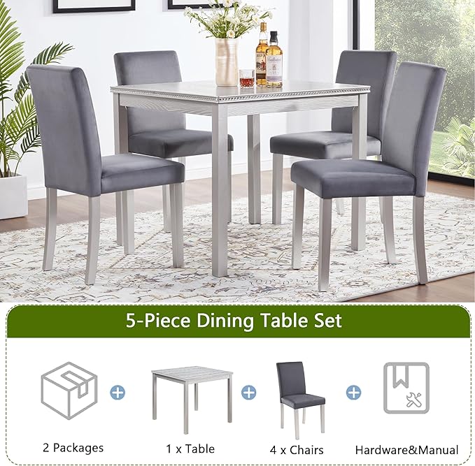 5 Piece Dining Table Set for 4, Square Wooden Kitchen Table with 4 Upholstered Chairs, Elegant Silver Grey Dining Room Set with Crystal Decoration