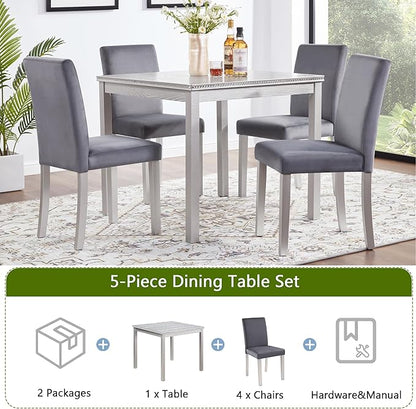 5 Piece Dining Table Set for 4, Square Wooden Kitchen Table with 4 Upholstered Chairs, Elegant Silver Grey Dining Room Set with Crystal Decoration