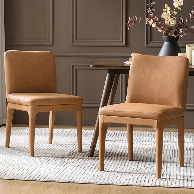 HULALA HOME Morden Dining Chairs Set of 2, Upholstered Faux Leather Kitchen Chairs with Thick Cushion and Solid Wood Frame, Accent Side Chair for Kitchen Dining Living Room Restaurant, Camel