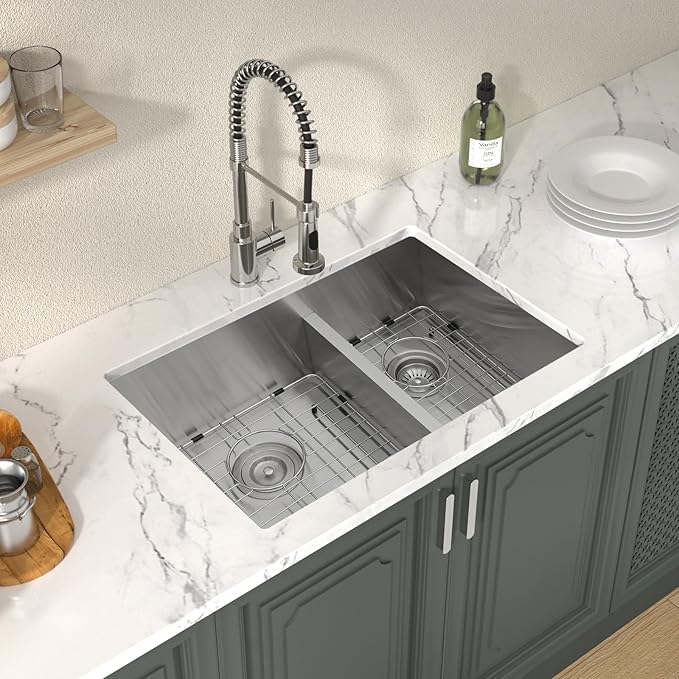 Lordear 28 Undermount Sink Double Bowl Kitchen Sink 28X19 Inch Undermount Low Divide Double Bowl 60/40 16 Gauge Stainless Steel Kitchen Sinks