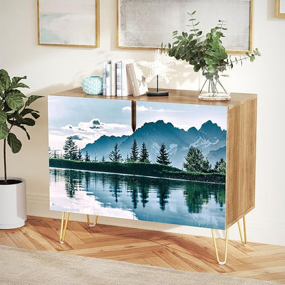 SIGNWIN Sideboard Buffet Cabinet, Kitchen Storage Cabinet with 2 Doors, Mountain Pine Tree Blue Sky Forestism, Cupboard Console Table for Dining Room - 35" L x 18" W x 29" H