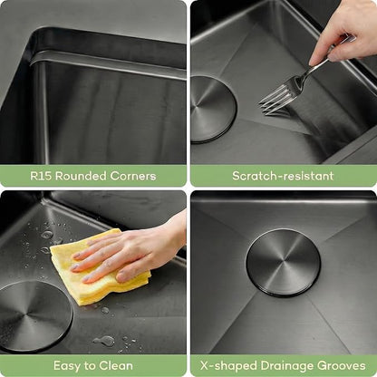 LQS Double Bowl Kitchen Sink, Undermount/Drop In Kitchen Sink, Double Bowl Stainless Steel Kitchen Sinks, 16 Gauge Stainless Steel Handmade Sinks (Black, 30" x 22" x 10")