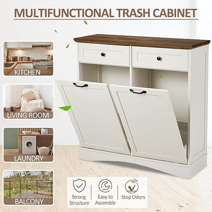 Double Tilt Out Trash Cabinet Freestanding Wooden Garbage Can Cabinet with Hideaway Drawers, 2x13 Gallons Pet Proof Garbage Can Holder for Kitchen Living Room