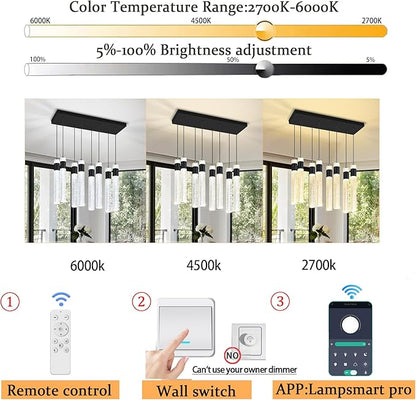 8-Lights Black Hanging Pendant Light for Kitchen Island Modern Dimmable LED Crystal Chandeliers for Dining Room Bedroom Living Room Over Table Adjustable Height