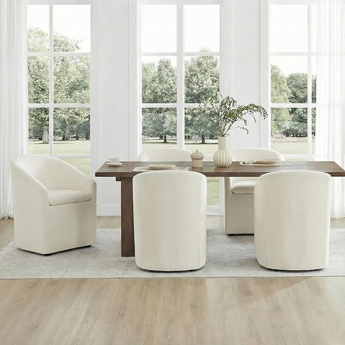 KISLOT Upholstered Dining Chairs Set of 2 with Casters, Modern Side Barrel Armchair with Washable Slipcover & Sturdy Metal Frame for Diningroom Bedroom Livingroom Reading Room, Beige Fabric