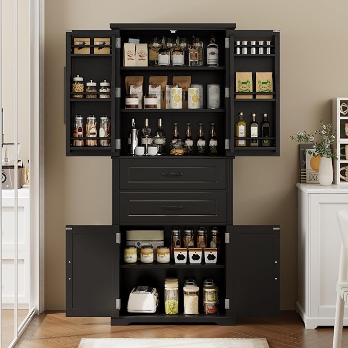 Merax 72.5" Tall Kitchen Pantry Storage Cabinet, Farmhouse Freestanding Large Cupboard with Two Drawers, Bathroom Cabinet with Adjustable Shelves, 6 Door-Shelf for Dining Room, Black