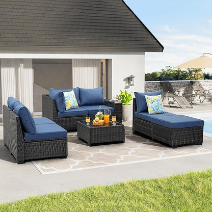 JOYURE 7 Pieces Patio Furniture Set All-Weather Outdoor Wicker Sectional Conversation Sofa Rattan Patio Seating Sofa with Cushion and Glass Table and Ottoman for Porch Poolside,Navy