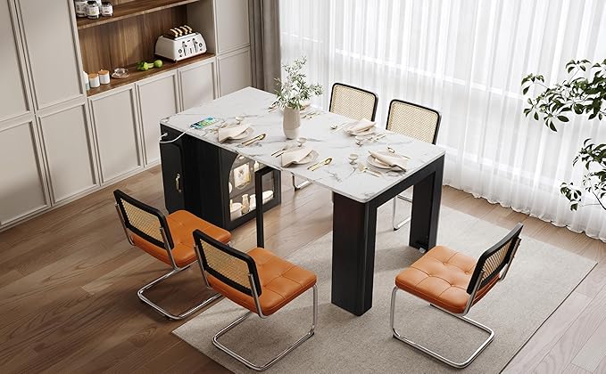 LifeSky Extendable Dining Table with Power Outlet & LED Light: Smart Expandable Kitchen Island Table with Storage Cabinet & Wheels for Small Space - Modern Furniture for Tech Enthusiasts & Urban Livin