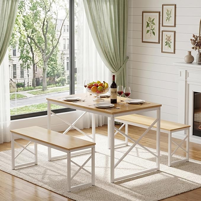 VECELO Kitchen Dining Table Benches Set for 4, 43.3" Wooden Dinette with 2 Benches, Heavy-Duty Dining Room Table for Small Space, Breakfast Nook, Natural Oak