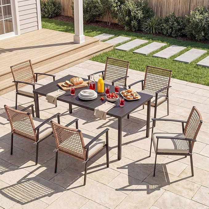 LAUSAINT HOME 7 Pieces Patio Dining Set, Outdoor Furniture Set of 6 Chairs with Soft Cushion and Iron Slats Table Top with Umbrella Hole, Conversation Set for Backyard, Garden and Poolside