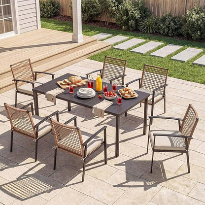LAUSAINT HOME 7 Pieces Patio Dining Set, Outdoor Furniture Set of 6 Chairs with Soft Cushion and Iron Slats Table Top with Umbrella Hole, Conversation Set for Backyard, Garden and Poolside