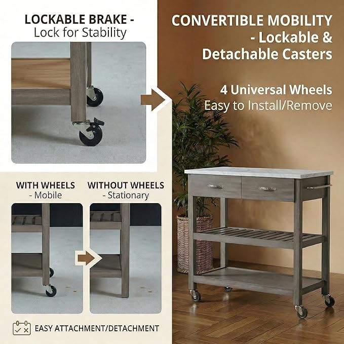 Casaphoria Amanda Collection Solid Wood Kitchen Island, 42" Butcher Block Cart with Cultured Marble Top & Locable Wheels, Prep Table for Small Spaces (Weathered Gray)