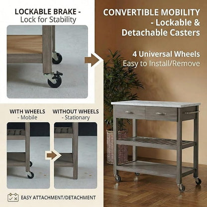 Casaphoria Amanda Collection Solid Wood Kitchen Island, 42" Butcher Block Cart with Cultured Marble Top & Locable Wheels, Prep Table for Small Spaces (Weathered Gray)