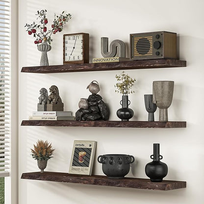 Floating Shelves for Wall, 24"x9.3" Rustic Solid Live-Edge Elm Wood Wall Shelves, Heavy-Duty Floating Shelves with Invisible Brackets, Set of 2 for Living Room, Bedroom, and Kitchen, Walnut Finish