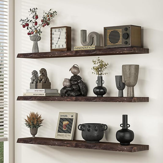 Floating Shelves for Wall, 72"x9.3" Rustic Solid Live-Edge Elm Wood Wall Shelves, Heavy-Duty Floating Shelves with Invisible Brackets, Set of 2 for Living Room, Bedroom, and Kitchen, Grey Finish
