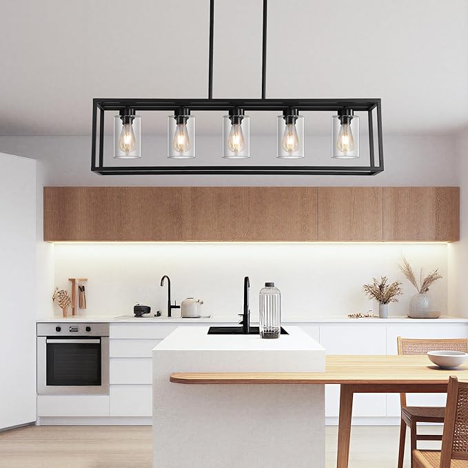 Black 5-Light Dining Room Light Fixture, Modern Farmhouse Chandeliers, Linear Rectangular Kitchen Island Lighting, Industrial Vintage Pendant Lighting with Clear Glass Shade Height Adjustable