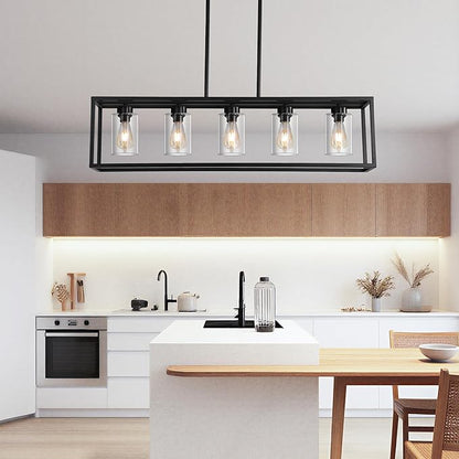 Black 5-Light Dining Room Light Fixture, Modern Farmhouse Chandeliers, Linear Rectangular Kitchen Island Lighting, Industrial Vintage Pendant Lighting with Clear Glass Shade Height Adjustable