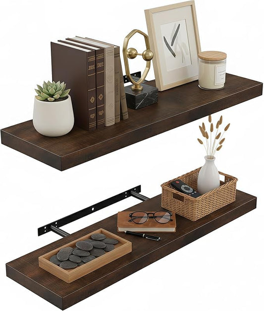 Lufia Floating Wall Shelves, Set of 2, MDF with Invisible Brackets, Modern Storage for Bedroom, Bathroom, Living Room, Kitchen (Rustic Brown, 24" W x 7" D x 1.5" H)