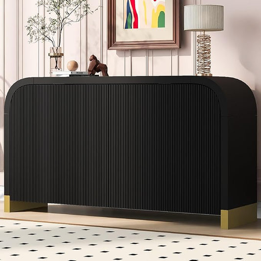 Merax Sideboard Buffet Cabinet with Storage Adjustable Shelves & Unique Curved Corner, Wavy Door Panel Accent Wood Console Table for Coffee Bar, Living Room and Entrance, Easy Assembly, Black
