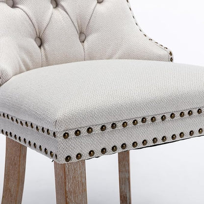 Ball & Cast Contemporary Upholstered Dining Chairs Set of 2, Button Tufted Kitchen Side-Chairs with Hang Ring & Nailhead Trims & Solid Wood Legs, 2-Piece Backrest Traditional Chair, Linen Beige
