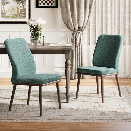 MALOL Upholstered Dining Chairs Set of 2, Modern Kitchen Chairs with High Back, Padded Fabric Dining Room Chair with Solid Wood Legs for Restaurant/Cafe/Home, Green