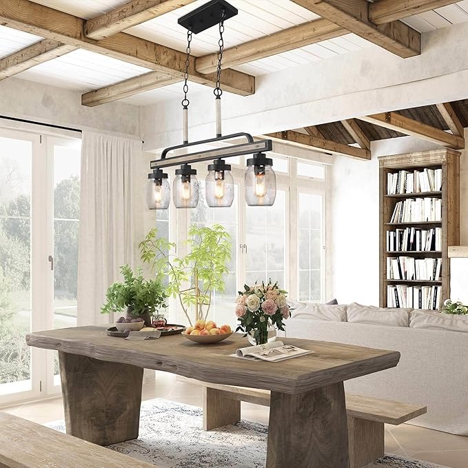 Farmhouse Chandelier, 4-Light Rustic Mason Jar Pendant Chandeliers Light Fixture for Dining Room, Linear Faux Wood Kitchen Island Lighting