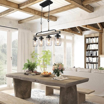 Farmhouse Chandelier, 4-Light Rustic Mason Jar Pendant Chandeliers Light Fixture for Dining Room, Linear Faux Wood Kitchen Island Lighting