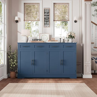 HOSTACK 60" Large Buffet Sideboard with Storage, 36" Tall Kitchen Buffet Storage Cabinet with 4 Drawers, Modern Coffee Bar Cabinet with Gold Handles, Long Sideboard Buffet Table for Kichen, Blue