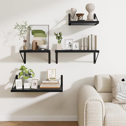 Deep Wall Shelves 40"W x 12"D Engineered Wood Floating Shelves for Wall, Sturdy Metal Bracket Bookshelves Home Decor Storage for Living Room Bedroom Bathroom Kitchen, Set of 2, Black Finish