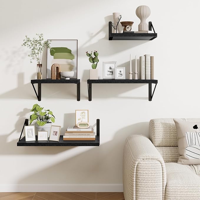Deep Wall Shelves 16"W x 12"D Engineered Wood Floating Shelves for Wall, Sturdy Metal Bracket Bookshelves Home Decor Storage for Living Room Bedroom Bathroom Kitchen, Set of 2, Black Finish