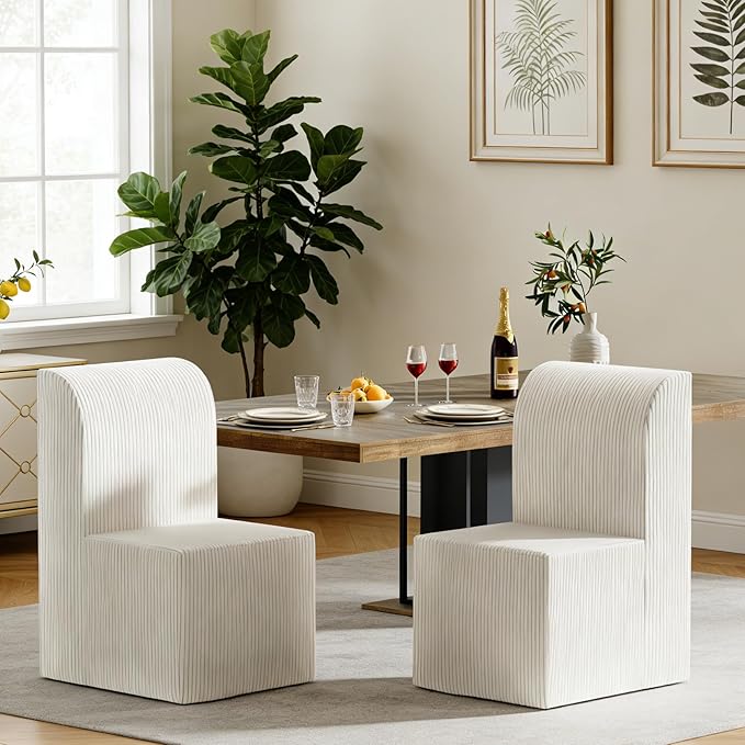 Set of 2 Corduroy Upholstered Armless Dining Chair, Modern Comfortable Dining Room Chair Side Leisure Chairs with Mid Back for Dining Room Kitchen Bedroom Reading Room, No Assemble, Beige