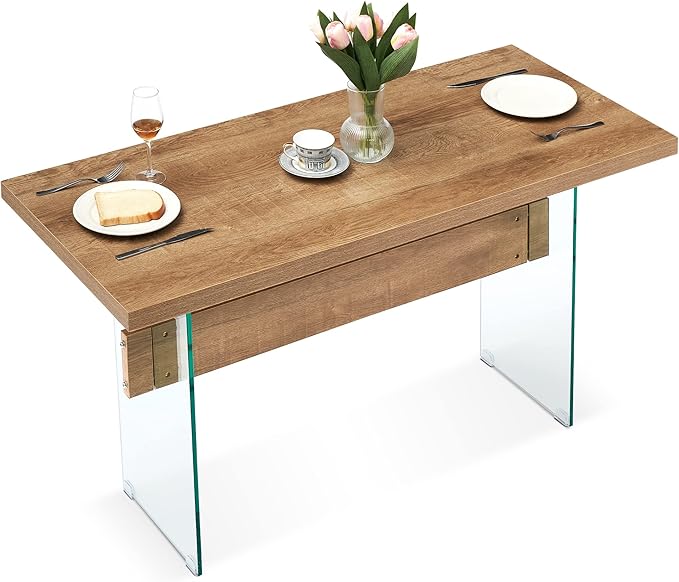 ivinta Glass Dining Table for 4-6 People, 55" Rectangular Kitchen Table for Small Space, Dining Room, Living Room or Restaurant 5208 (Brown)