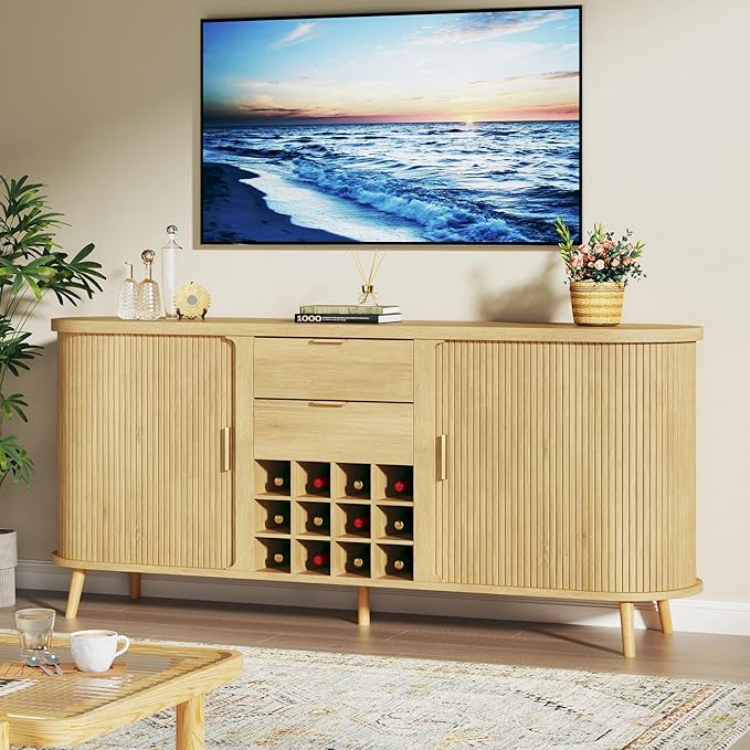 HUAHUU 58" Buffet Cabinet with Storage, Fluted Wine Bar Cabinet with Drawers & Adjustable Shelves, Mid-Century Modern Buffet Sideboard with 12 Wine Racks for Kitchen Living Room, Natural Oak