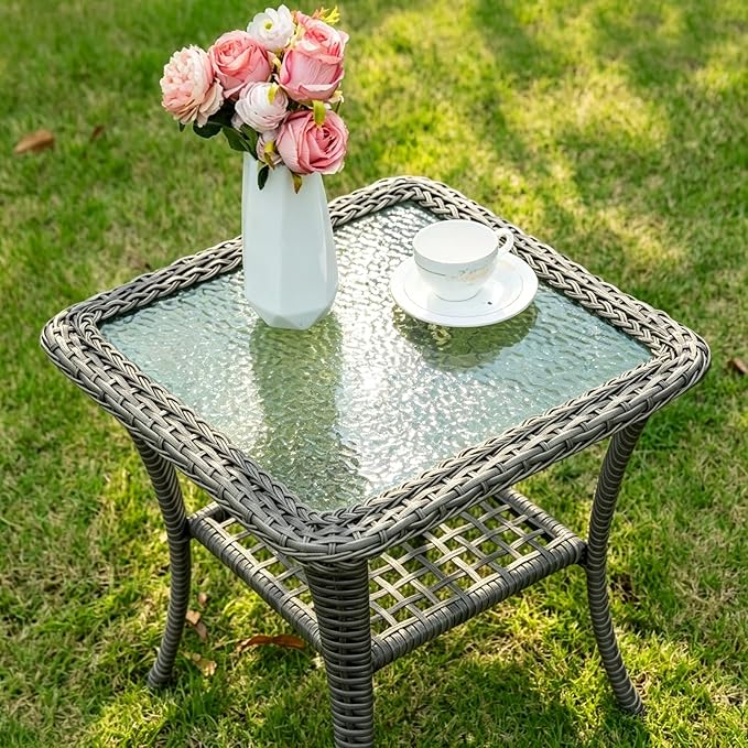 MEETWARM Wicker Outdoor Side Table, All-Weather Patio Rattan Side Table with Tempered Glass Top and Storage Shelf, Small Patio End Table for Outside Indoor Outdoor Balcony Porch Deck, Gray