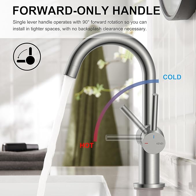 KENES Brushed Nickel Bathroom Faucet Single Handle Modern Prep Wet Bar Sink Faucet Bathroom Sink Faucets with Drain Assembly & Deck Plate, Farmhouse RV Camper Outdoor Utility Faucet, KE-9005B