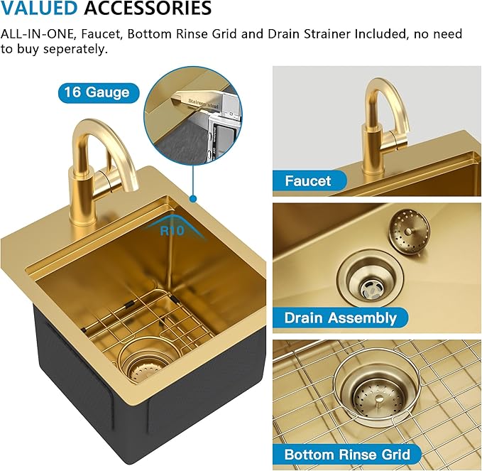 13"x15" Drop In Bar Prep Sink Workstation – Brushed Gold NANO-PVD, 16 Gauge 304 Stainless Steel, Single Bowl Top Mount Wet Bar RV Outdoor Kitchen Sink with Faucet