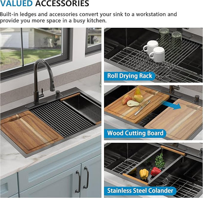 33"x22" Black Drop In Kitchen Sink Ledge Workstation – Gunmetal Black NANO-PVD, 16 Gauge 304 Stainless Steel, Top Mount Over Counter Single Bowl Sink Basin