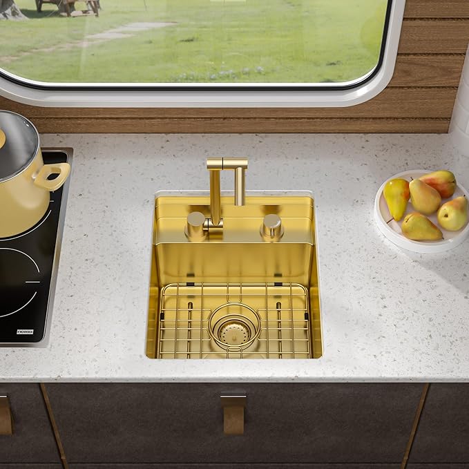 15"x17" Undermount RV Kitchen Sink Workstation – Brushed Gold NANO-PVD, 16 Gauge 304 Stainless Steel, Single Bowl Basin with Foldable Faucet for RV, Camper, Mobile Home, Wet Bar