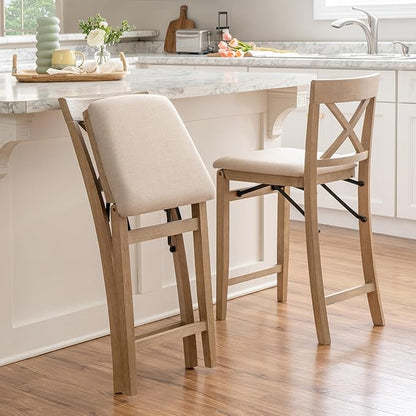 Linon Triena X Back Neutral Greywash Wooden Fully Assembled Folding 24 Inch Seat Height Counter Stool with Beige Upholstered Seat