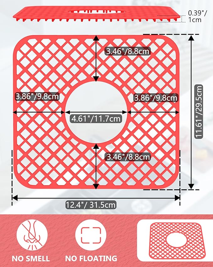 2 Pack Silicone Sink Protector for Kitchen Sink, Trellis Pattern 12 x 11" Sink Grid Mat Silicone Protectors, Center Drain, Red