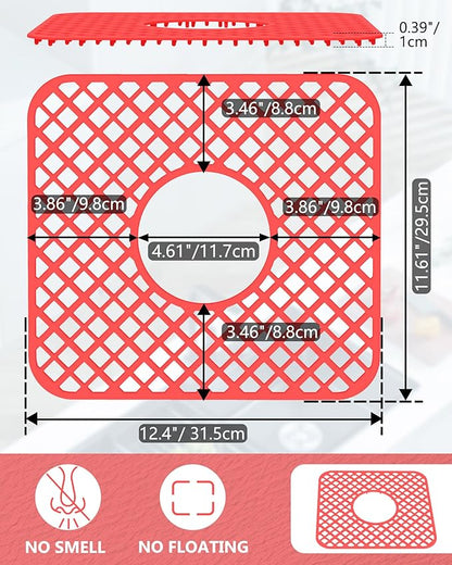 2 Pack Silicone Sink Protector for Kitchen Sink, Trellis Pattern 12 x 11" Sink Grid Mat Silicone Protectors, Center Drain, Red