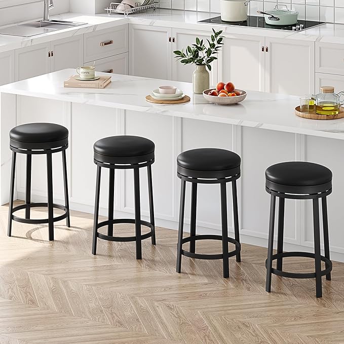 IDEALHOUSE 24'' Swivel Bar Stools Set of 4 with Footrest, Modern Counter Height Barstools with PU Leather Upholstered and Metal Frame, Backless Round Bar Stools for Kitchen Island, Black